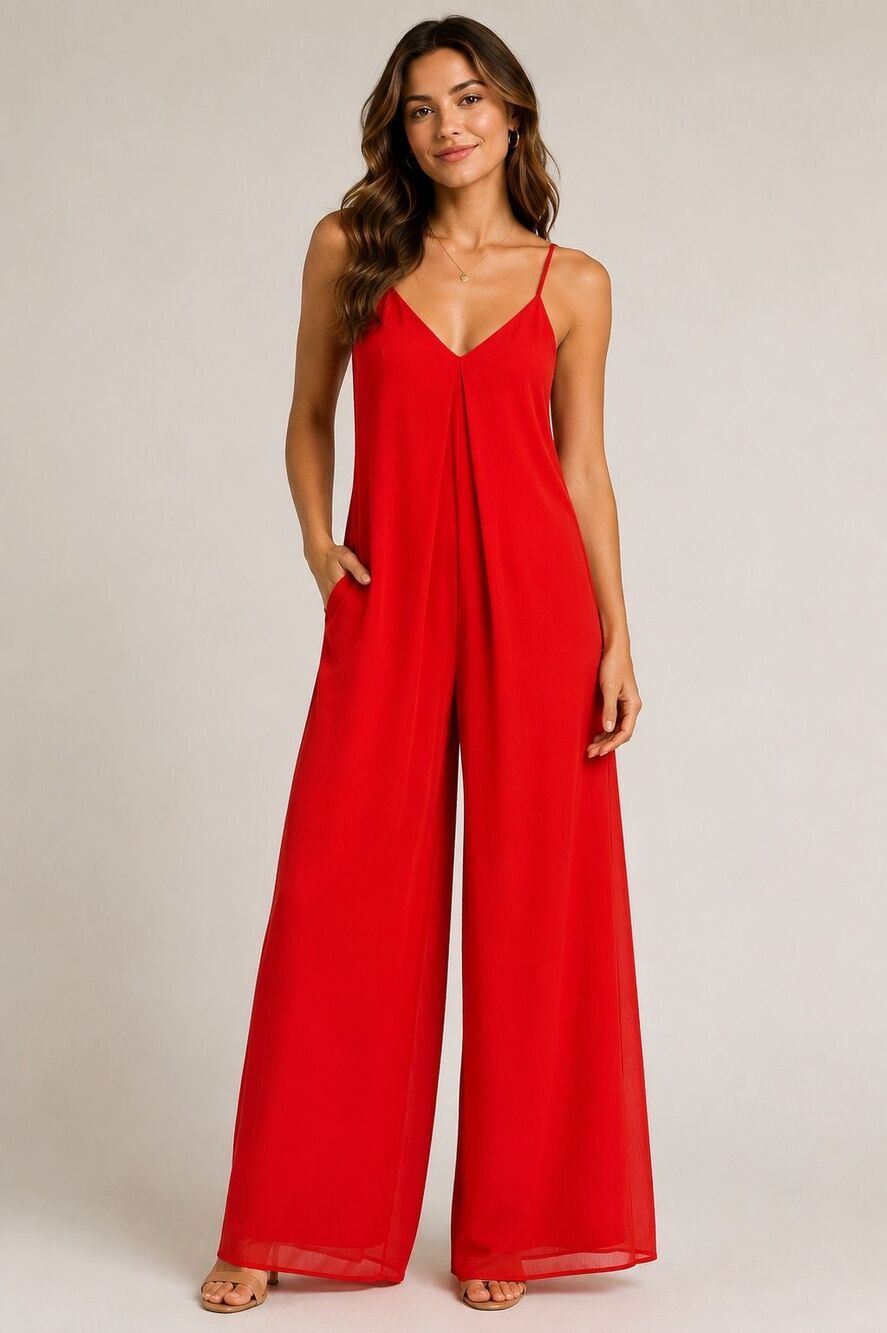 Hers & Mine Red Wide Leg Jumpsuit Womens M Spaghetti Strap V Neck
